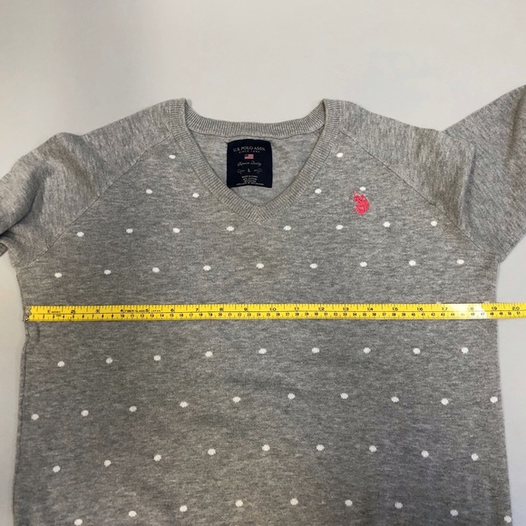 Ladies Grey Polo Brand V Neck Sweater, Grey with white polka dots, Sz L - Picture 9 of 12